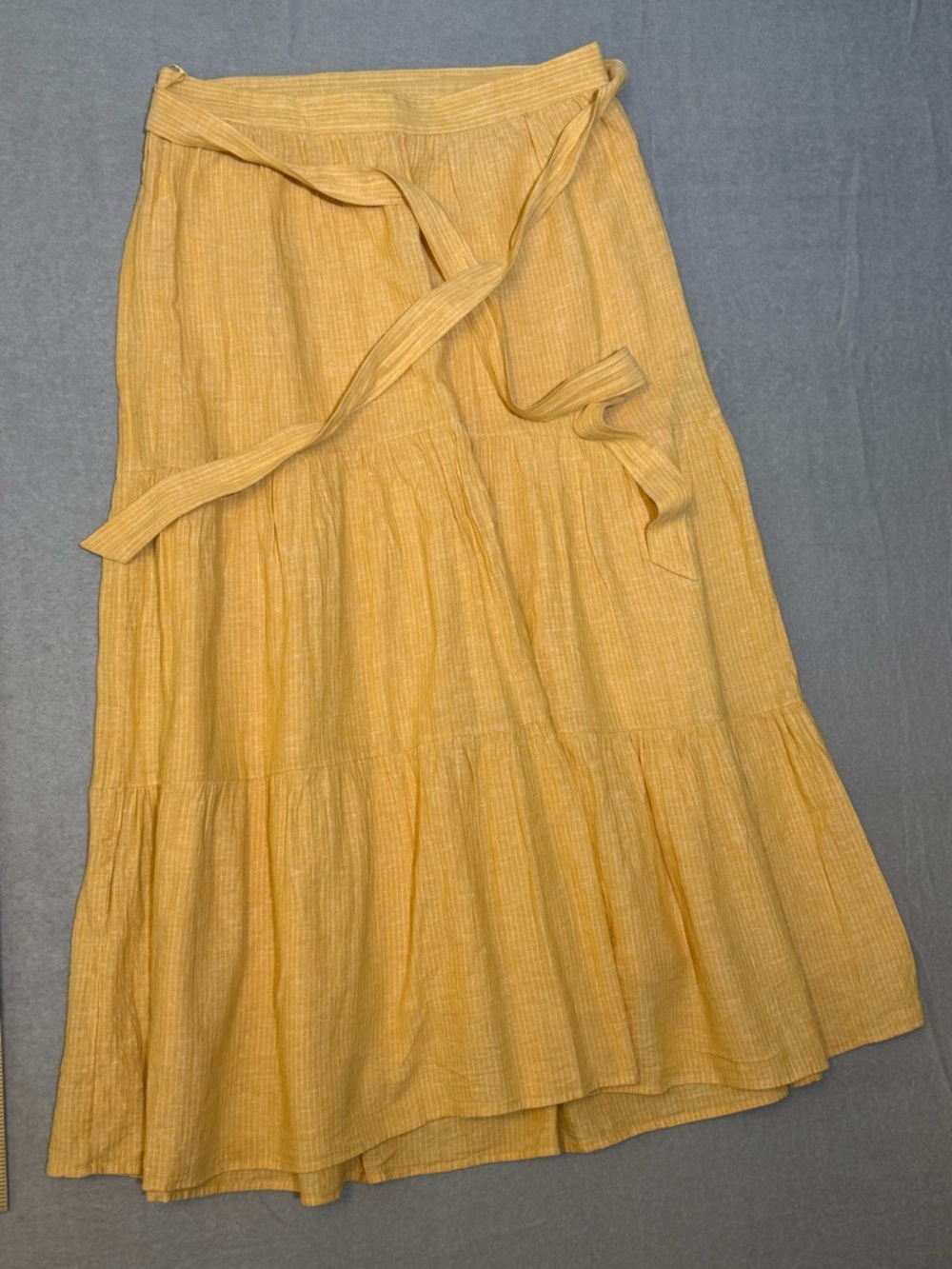Cremieux Yellow Striped Tiered Midi Skirt Size 12 Linen Cotton Blend Belt Lined